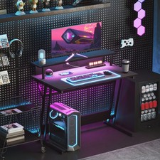 Gaming Desk with LED Lights and Power Outlets, Z Shaped Computer Desk, Black