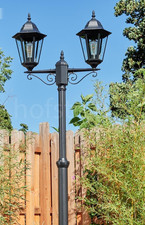 Two Head Tall Post Lantern Black Traditional Vintage Light Outdoor Garden Patio