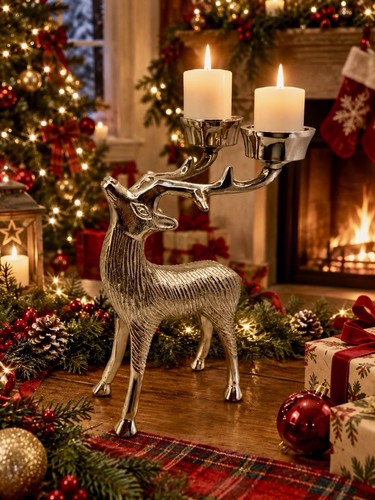 Christmas silver stag candle - silver,