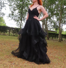 Stacees Black Plunge Sequin Wedding Prom Ballgown Dress UK 16 Goth Halloween