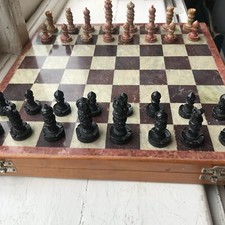 old stone chess set in wood and stone inlaid board box soap stone boxed fine