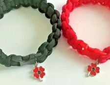 Poppy Charm on Paracord Bracelet. Various Sizes/Colours.Help for Heroes Donation