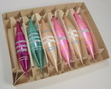 Set of 6 Elongated Teardrop Glass Christmas Tree Ornaments Striped / Frosted