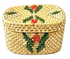 Woven Coil Straw Seagrass Basket Floral Tulip Oval Folk Art Southwest Trinket