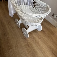 Grey/white Wicker Wheels Crib Baby Moses Basket With Canopy Holder