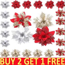 10X Large Christmas Poinsettia Glitter Flower Hanging Tree Party Xmas Decor 16CM