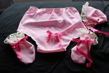 adult baby pink satin nappy cover mittens and bonnet custom made