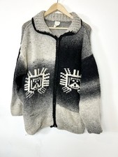 Vintage Ecuador Grey Tribal Aztec Native 100% Wool Chunky Knit Cardigan M L