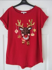 Ladies NEXT Christmas Red Sequin Reindeer Short Sleeve T-Shirt - Size 12