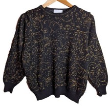 80s Vintage Jumper Black Gold Sparkly Lurex Party Christmas M Oversized 