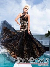 $1,450 Tony Bowls Leopard Print Black multi One Shoulder Pageant Gown sz 4 Prom