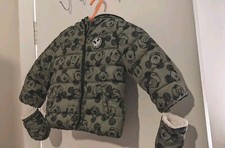 Boys Khaki Green Mickey Mouse Winter Coat With Mits & Ears 12-18 Months By Tesco