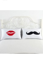 Couple decorative pillowcases,  His and Hers Lips and Mustache.