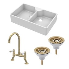 Fireclay 2 Bowl Butler Sink 2 x Wastes Bridge Lever Tap 895mm