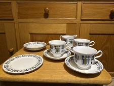 Royal Kent Geometric Pattern Bone China Bundle.  3 Cups & Saucers, 1 Plate & Jug