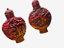 2 Chinese Red Cinnabar Lacquer Carved Snuff Bottles  Gilt Metal Character Seal