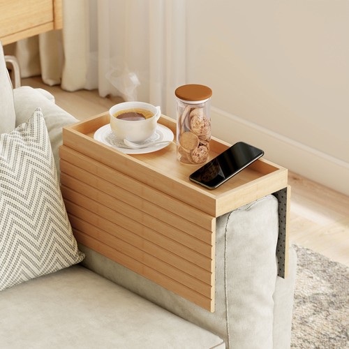 Homcom bamboo sofa arm - bamboo, tray