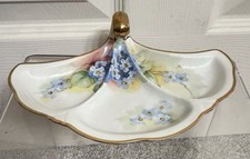 Nippon Hand Painted Floral Tray "Forget Me Nots" Oval Vanity Divided Gold Trim