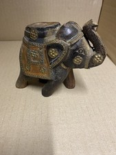 Vintage Wooden Hand Carved Elephant, decorative brass and copper features 