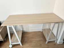 HABITAT Sleek Trestle Table Office Desk w/ 2 Shelves - Oak Effect - 140x60x75cm
