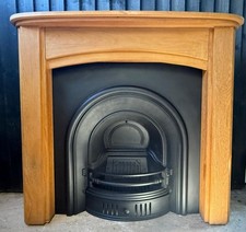 A Beautiful Cast Iron Arched Insert Fireplace & Solid Oak Wooden Mantle Surround