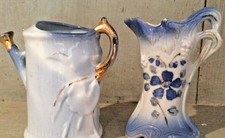 Vintage Ceramic Watering Can & Floral Vase Set | Blue White & Gilt Pitcher