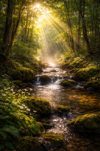 Sunlit woodland path forest - sunlit,