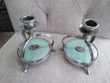 Vtg Candlesticks Chamber Candle Holders Guilloche Enamel & Marcasite Art Deco
