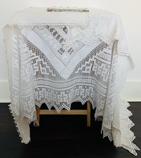 Vintage Lot Of Tablecloths Runner & Handkerchiefs Linen Lace