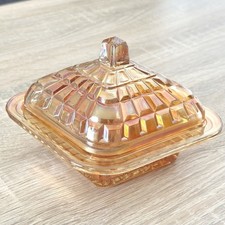 Art Deco Carnival Glass Marigold Butter/Cheese Dish, Vintage c1930s Iridescent