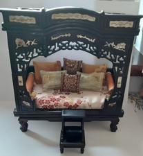 Vintage Dolls House Chinese Rosewood/Mother Pearl Carved 4 Poster Day Bed RARE