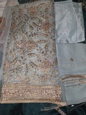 3 Piece Asian Unstitched Silk Blue Suite With Under Line 