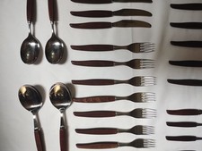 Vintage Teak Sheffield Stainless Steel Cutlery Set Midcentury Spoons Knives Fork