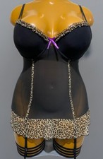 Jolie Seduction Suspender Camisole, Black Sheer Mesh Animal Print Trim, UK 38D