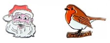 TWO  x Metal Enamel Badge ~ Xmas Robin Bird & Santa Claus (Father Christmas)