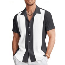 Men Bowling Shirts Cuban Style Retro Short Sleeve Camp Button Down Casual Top@UK