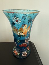 Vintage Signed  Hand Painted Spanish Glass Vase Jose Cire Royo H 16cm W10cm 