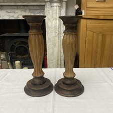 Rustic Shabby Chic 2x Solid Carved Pillar Church Wooden Candle Holders 14'
