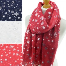 NEW Christmas Snow Flake Silver Foil Print Scarf Wrap Chiffon Stole Soft Long UK