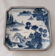 Japanese Porcelain Sometsuke Small Plate Vtg Blue Mountain Scene John Jenkins
