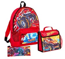 Hot Wheels Monster Trucks Backpack + Lunch Bag + Pencil Case 3 Piece  Bag Set 