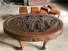 Wooden Hand Carved Oriental Large Coffee Table and Chairs