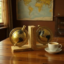 Gold Globe World Traveller Wood Bookends Travel Theme Brand New Geography