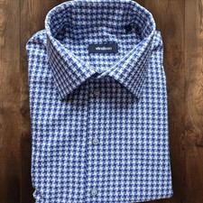 Strellson Shirt Large Blue White Geometric Print Long Sleeve Loose Fit Cotton