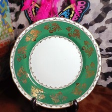 VINTAGE BONE CHINA TEA PLATE 'GLADSTONE' GREEN GOLD LEAVES DESIGN 7INCH/17CM