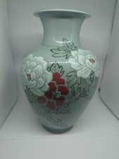 Korean Handmade Celadon Peony Vase Painted, Incised White Slip Decoration Signed