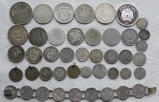 44x COLLECTION FOREIGN EUROPEAN WORLD OLD VINTAGE SILVER ETC COINS + BRACELET