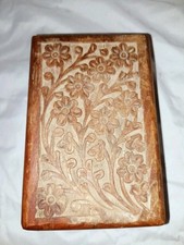 Vintage Hand Carved Floral Inlay Wooden Jewelry Trinket Box Dark Wood