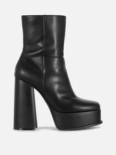 Black Faux Leather Chunky Platform Block Heel Ankle Boots, UK 8 / EU 41
