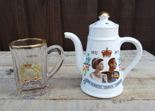 Queen Elizabeth II Silver Jubilee 1977 Small Teapot Pomander & Coronation Glass
